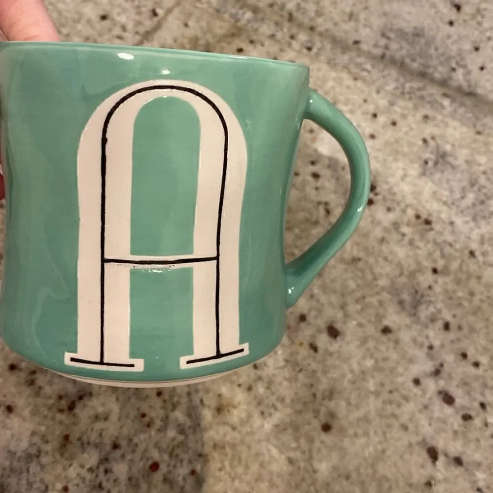 Anthropologie Hand Painted Letter A Monogram Green Ceramic Coffee Tea Mug